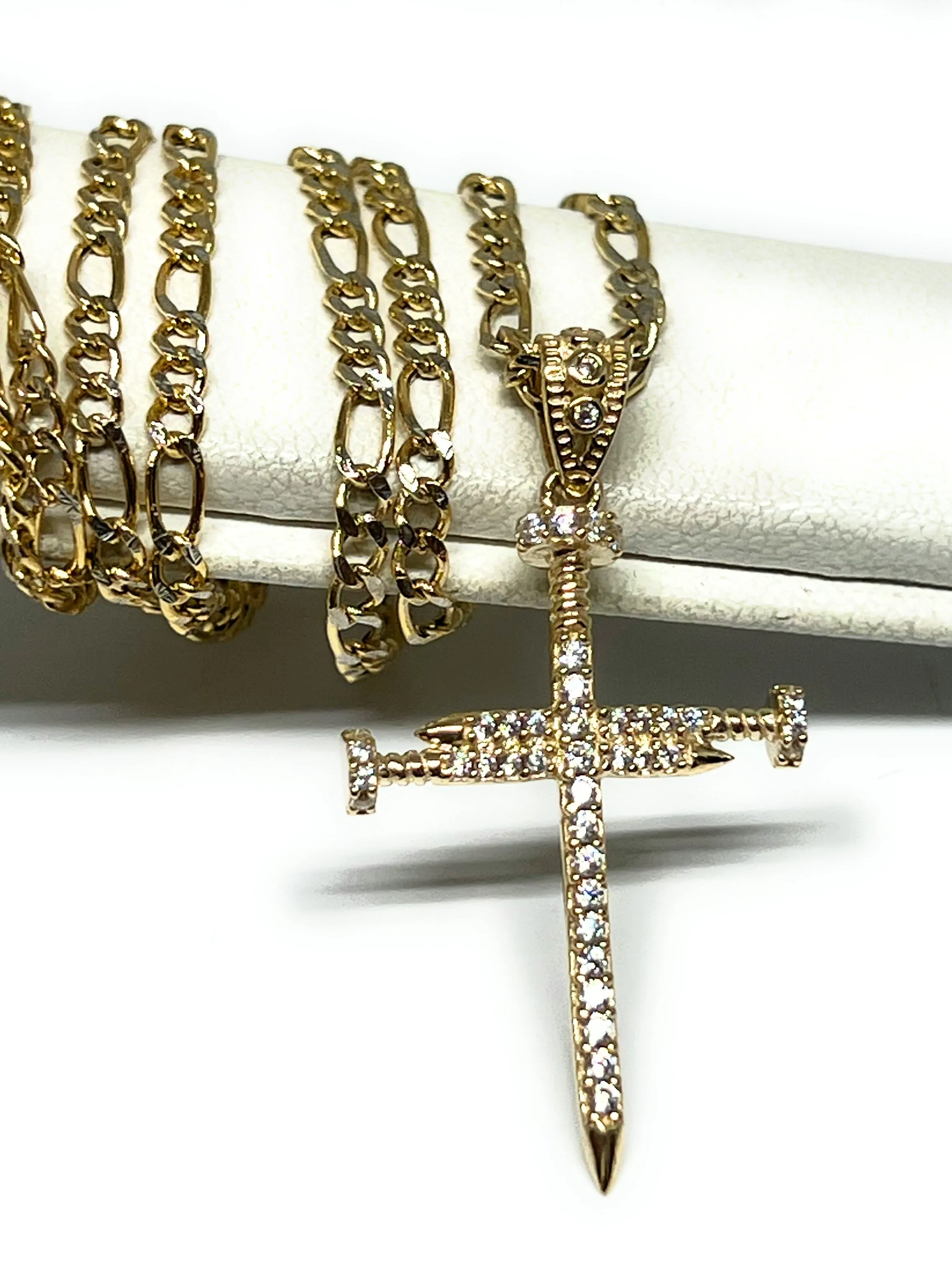 14k Solid Gold Nail Cross CZ Pendant (FC)