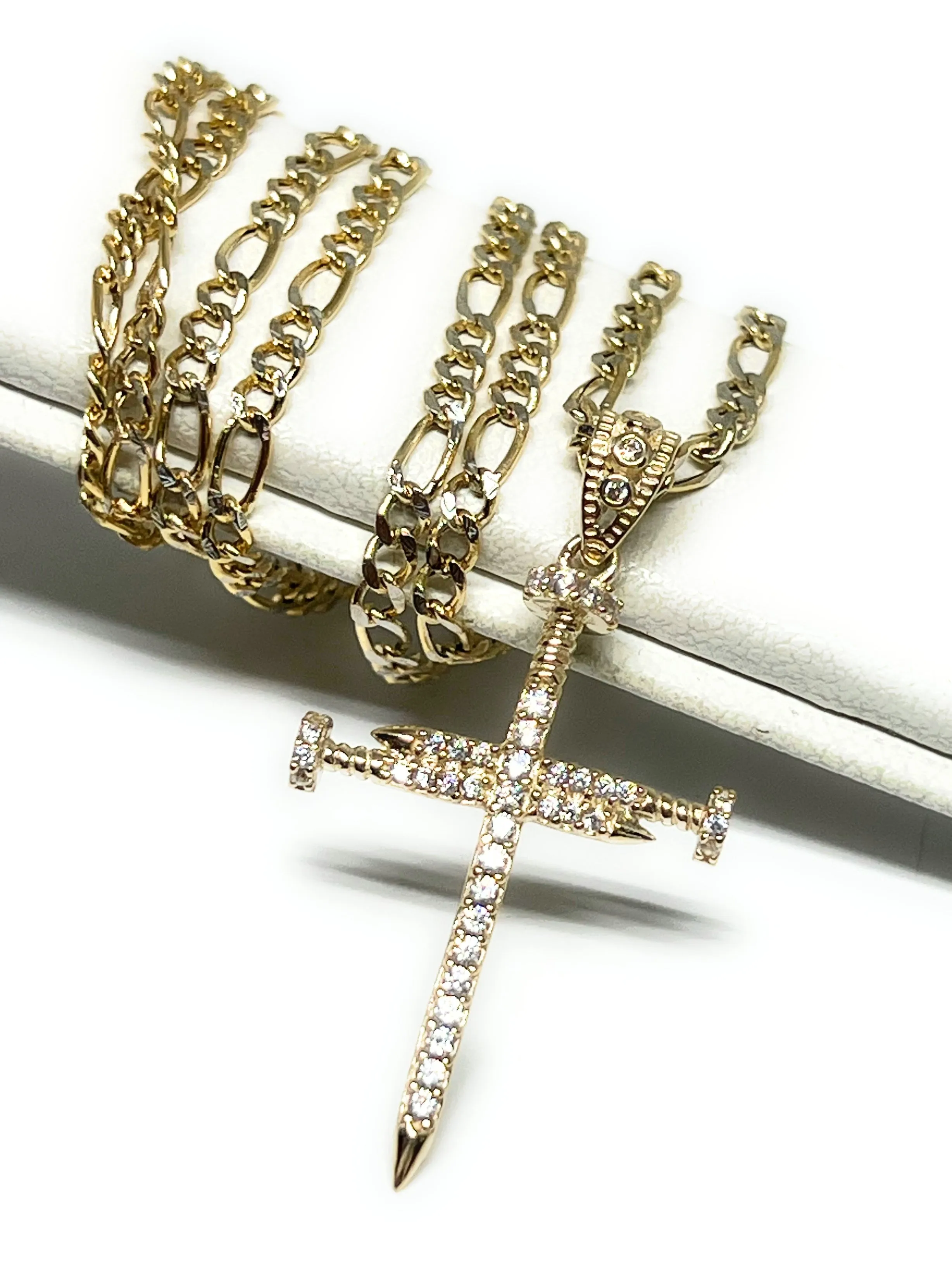 14k Solid Gold Nail Cross CZ Pendant (FC)