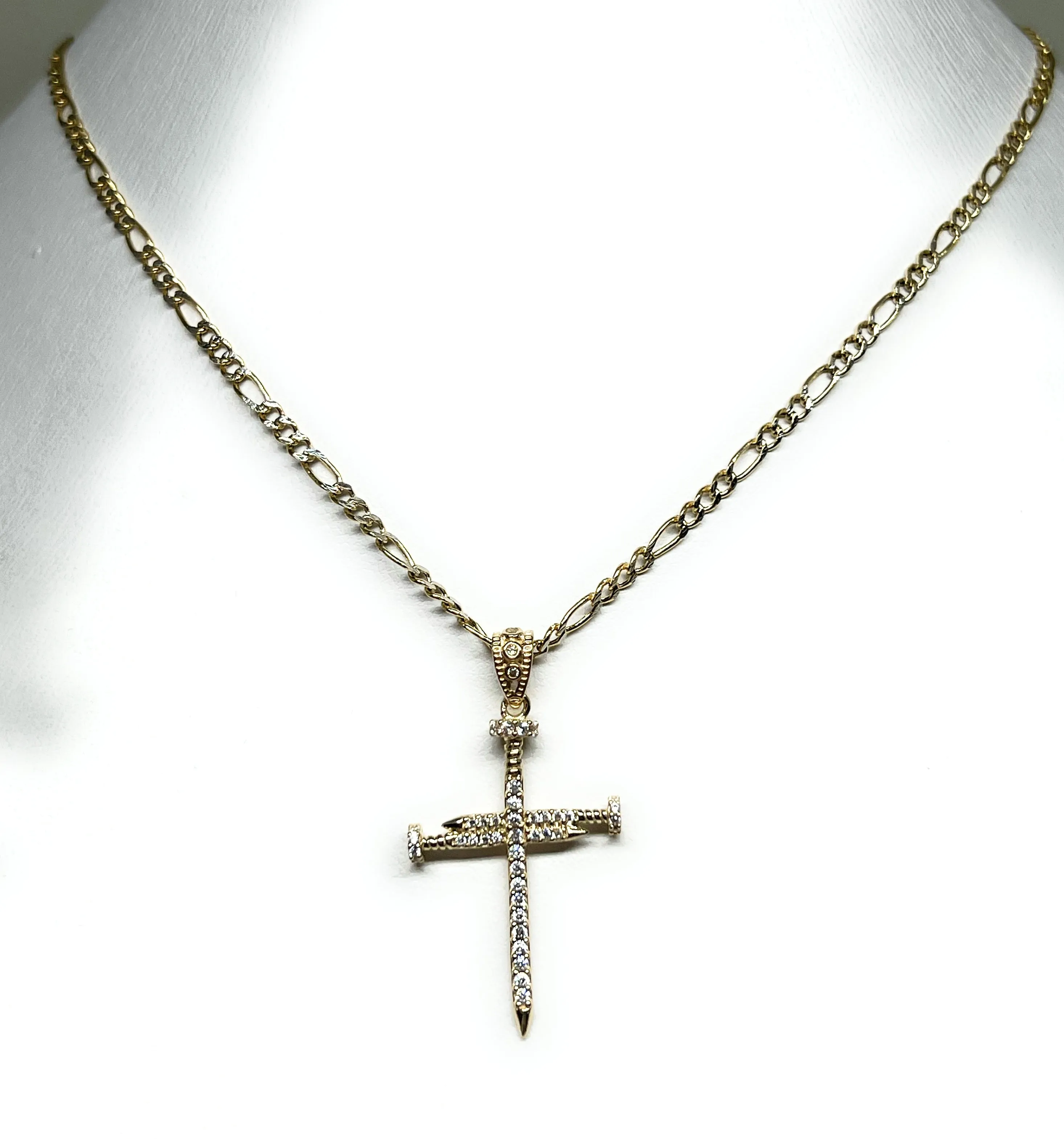 14k Solid Gold Nail Cross CZ Pendant (FC)