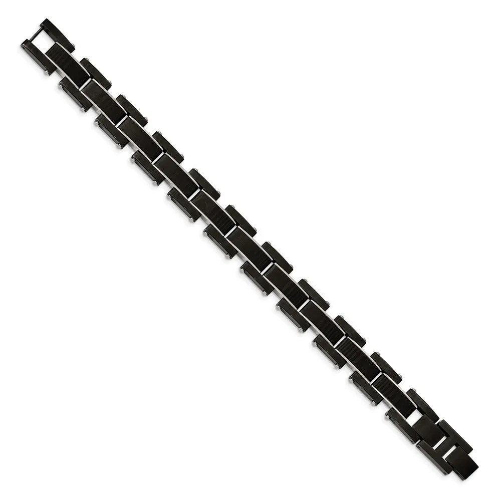 15mm Black Plated Stainless Steel & Carbon Fiber Link Bracelet, 8.5 In