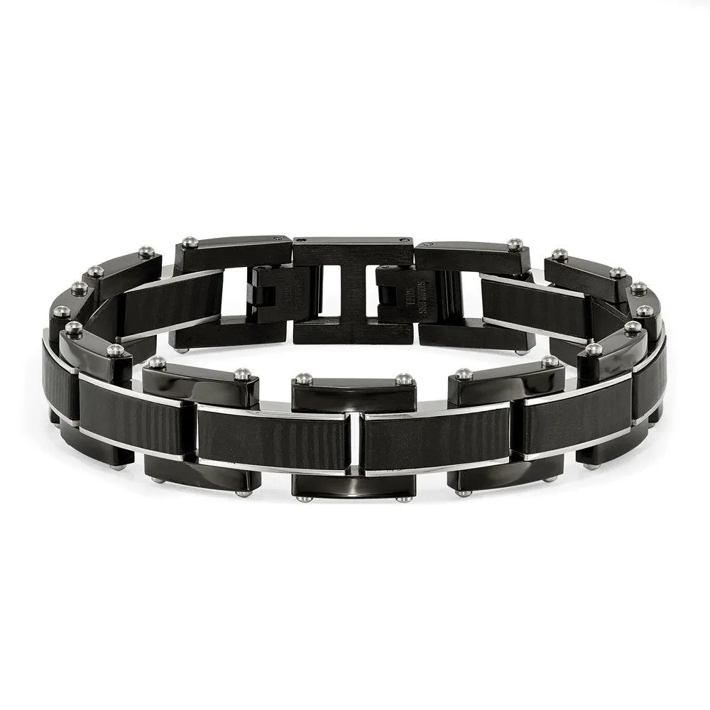 15mm Black Plated Stainless Steel & Carbon Fiber Link Bracelet, 8.5 In