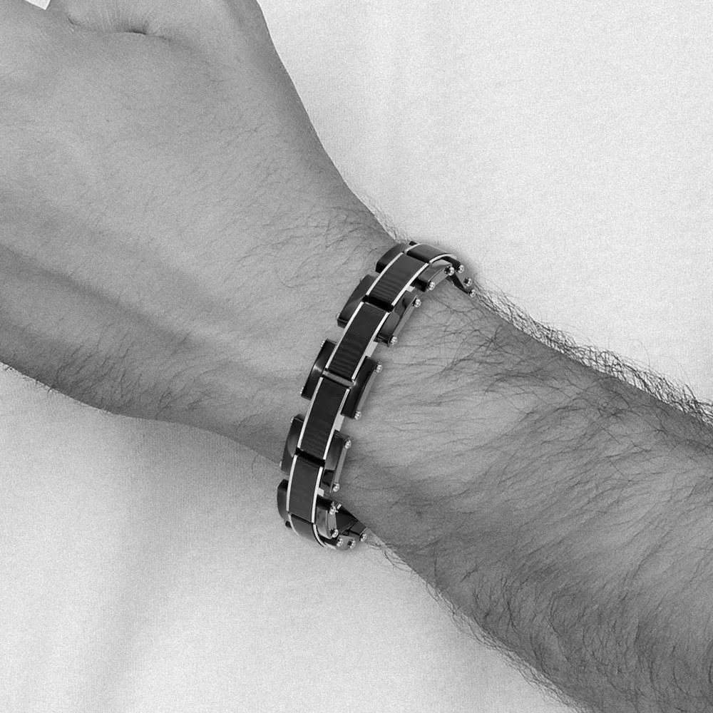 15mm Black Plated Stainless Steel & Carbon Fiber Link Bracelet, 8.5 In