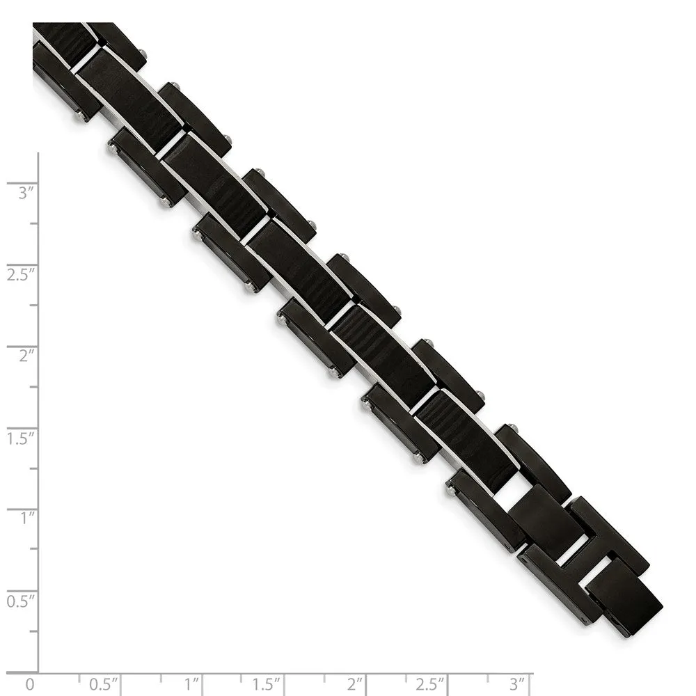 15mm Black Plated Stainless Steel & Carbon Fiber Link Bracelet, 8.5 In