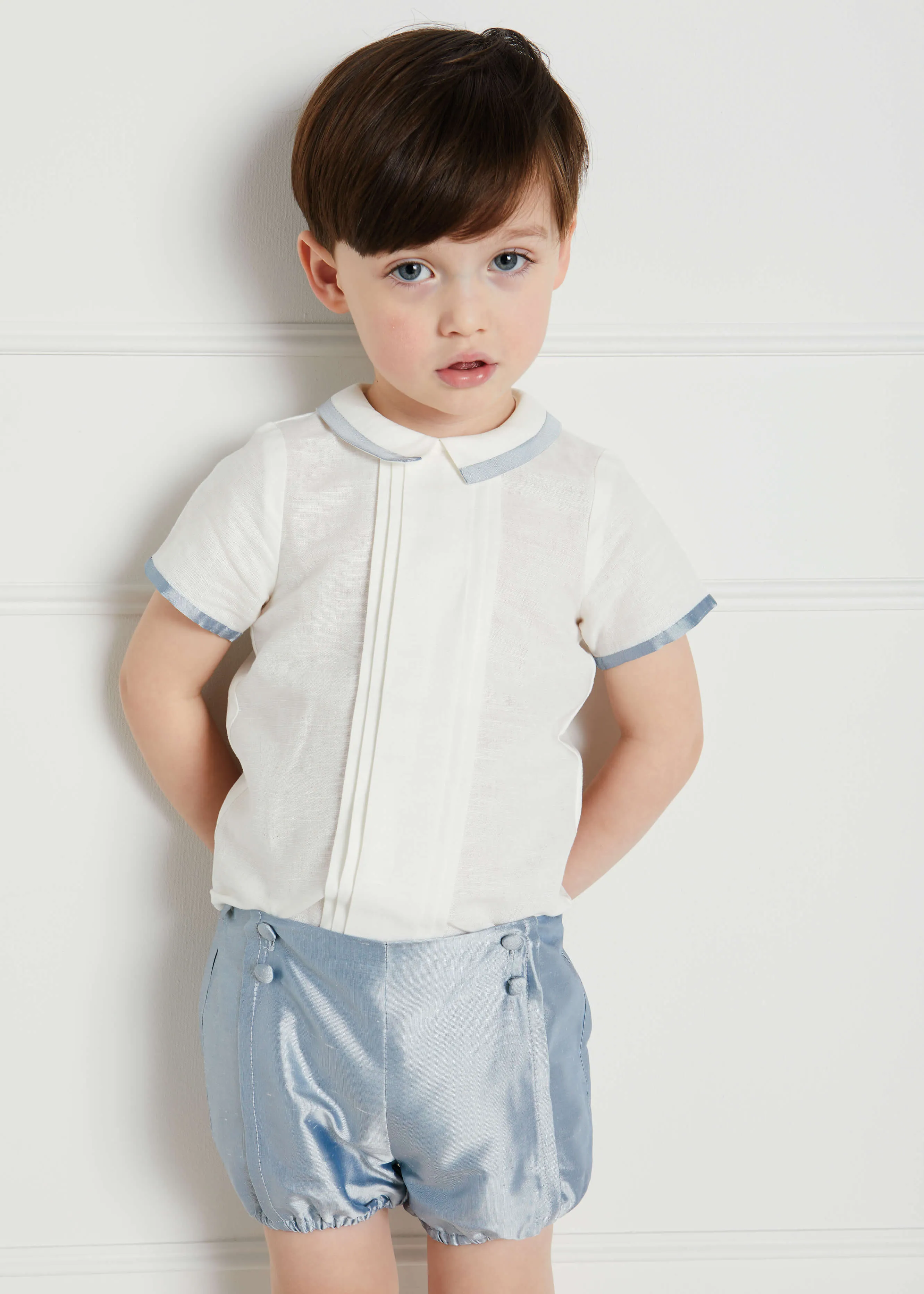 Baby Boy Celebration Blue Silk Bloomers and Linen Shirt Set (12mths-3yrs)