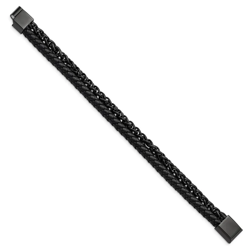 Black Plated Stainless Steel & Black Leather Strand Bracelet, 8.5 Inch