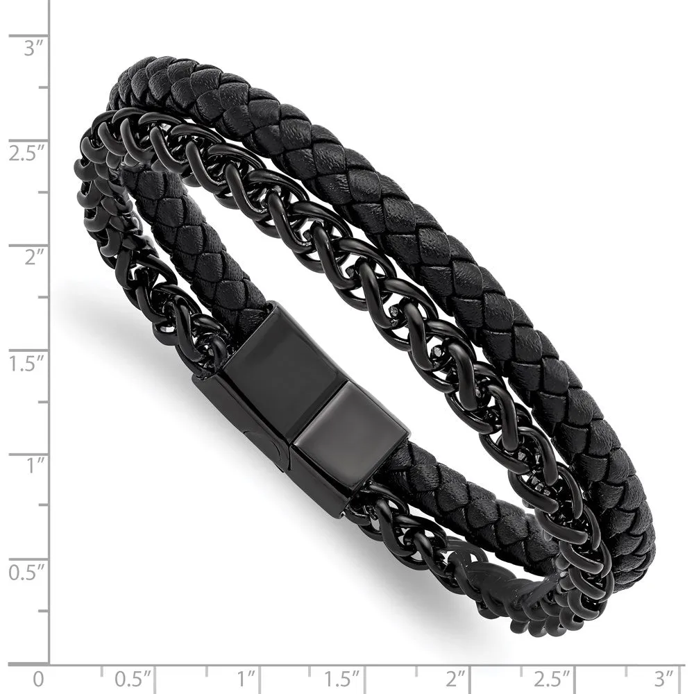 Black Plated Stainless Steel & Black Leather Strand Bracelet, 8.5 Inch