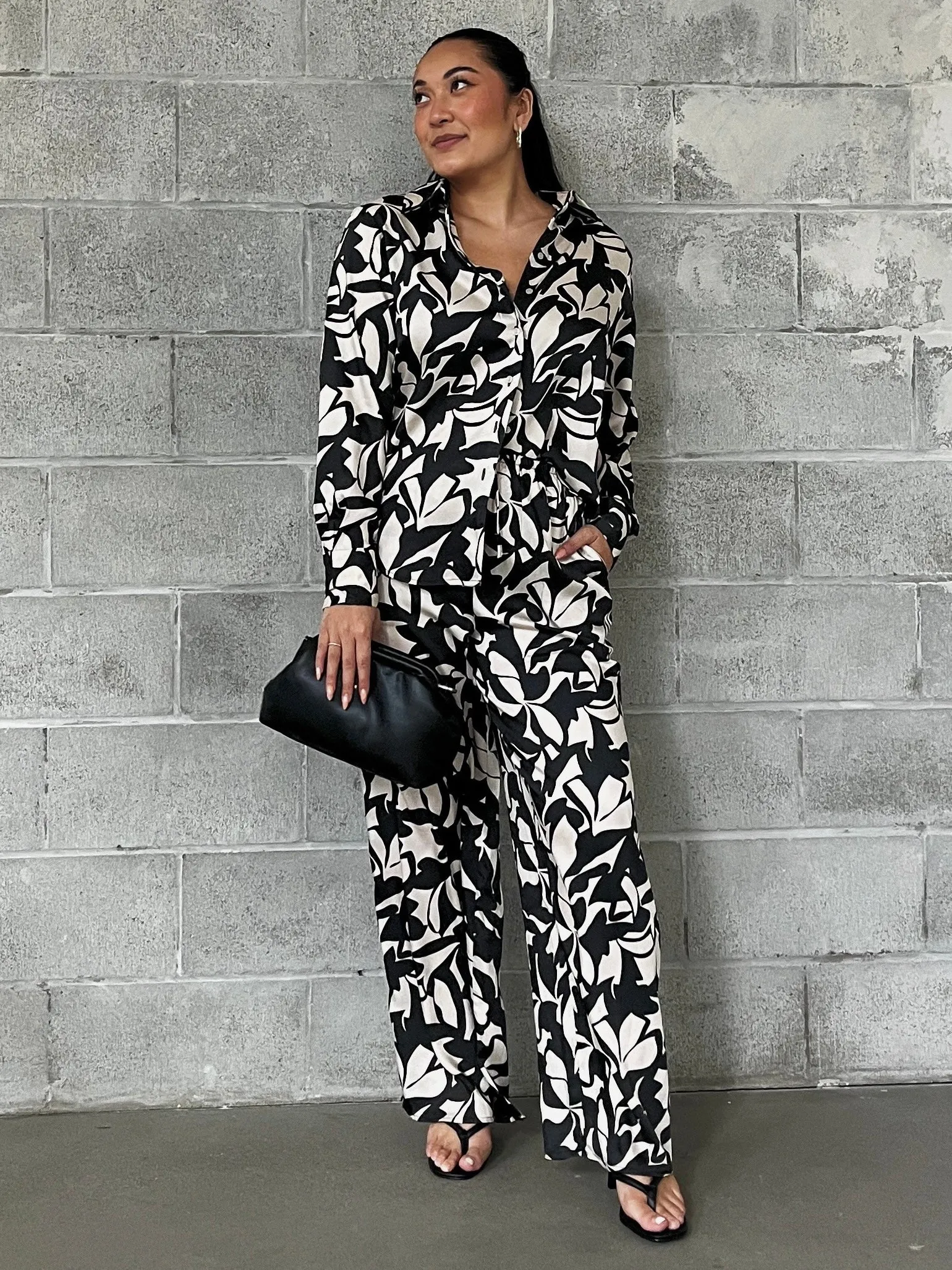 BLACK TAPE Printed Satin Button Up and Wide Leg Pant Set