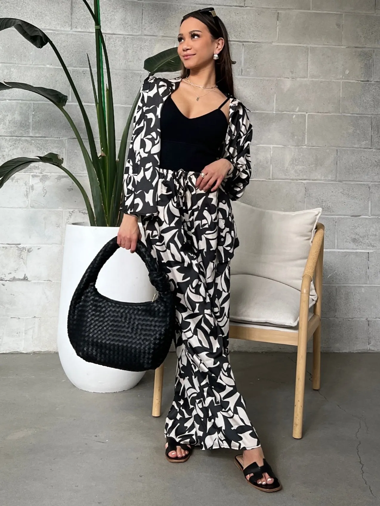 BLACK TAPE Printed Satin Button Up and Wide Leg Pant Set