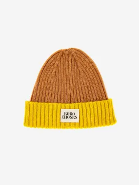 COLOR BLOCK BEANIE - BROWN AND YELLOW