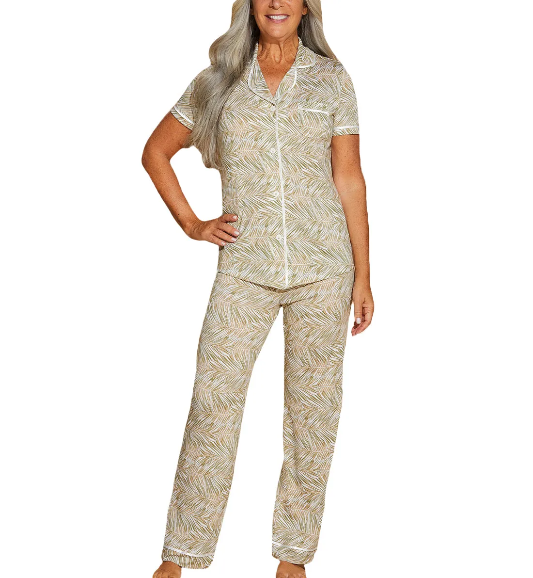 Cosabella Bella Print Short Sleeve Top & Pant PJ Set (AMORP9645) - Palm Aloe/White