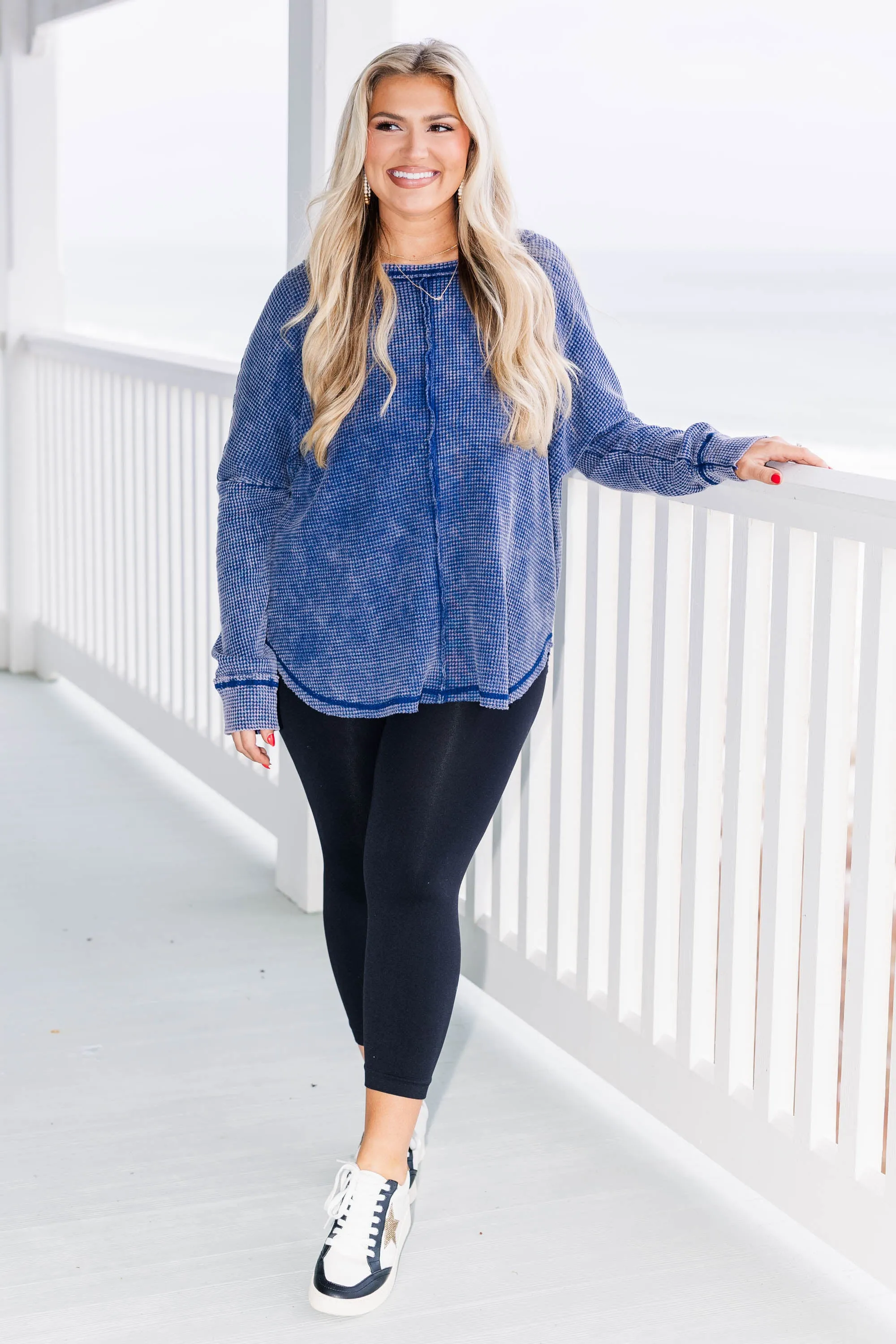 Cozy Waffle Pullover, Light Navy