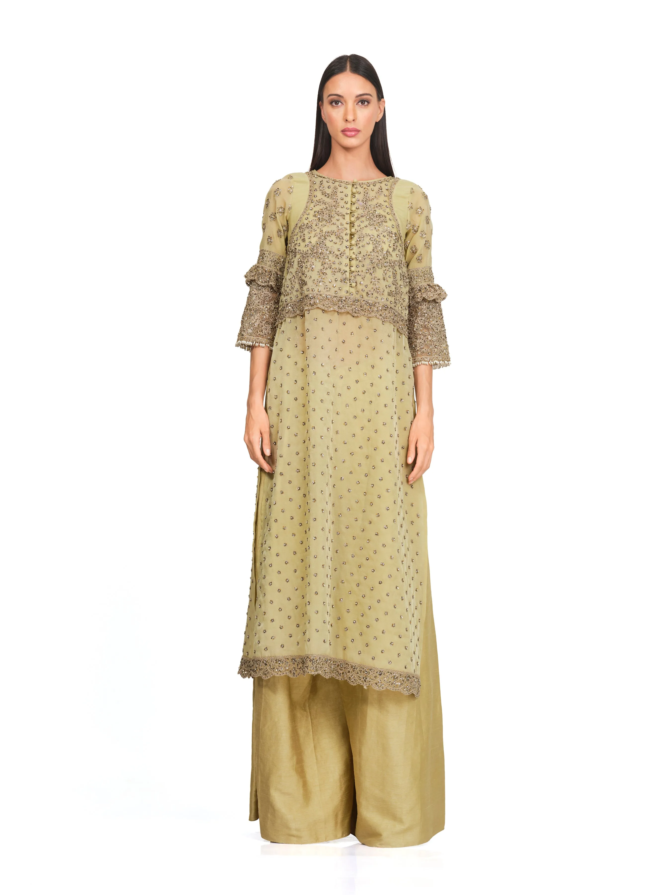 Embroidered Tunic Set with Flared Raw Silk Pants