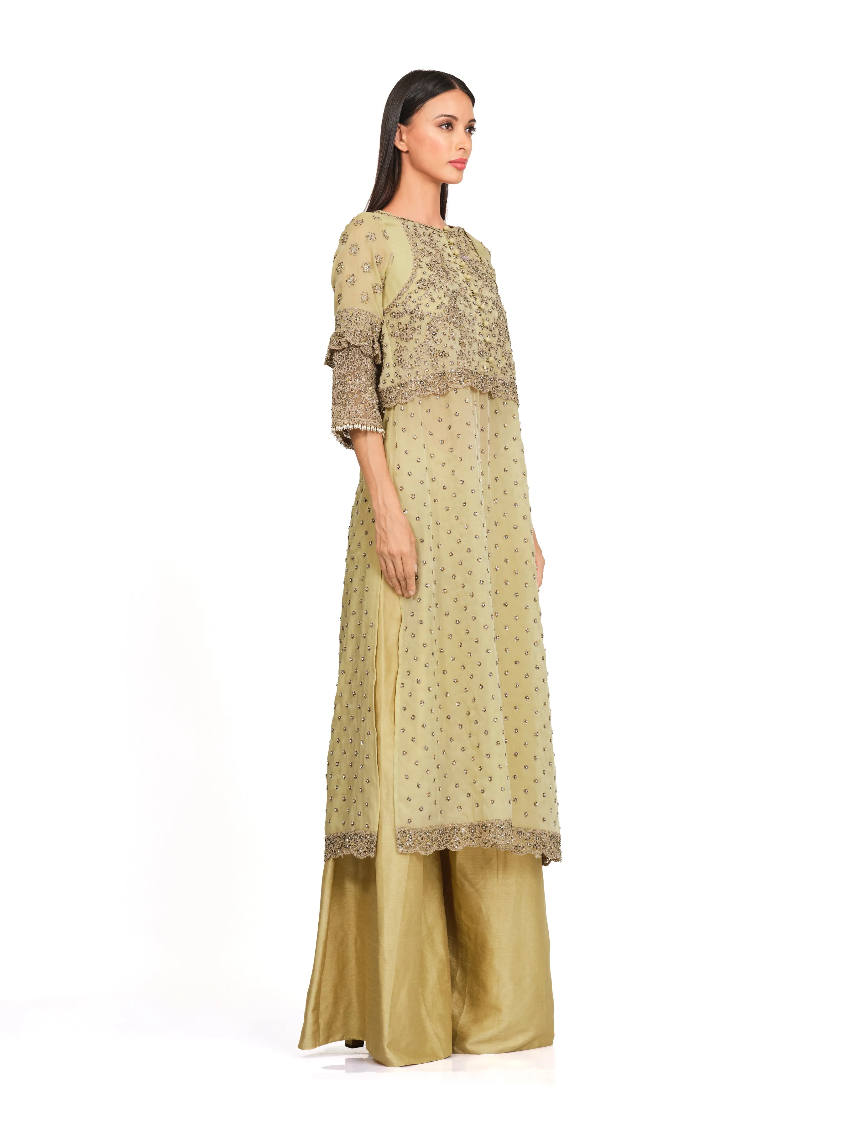 Embroidered Tunic Set with Flared Raw Silk Pants