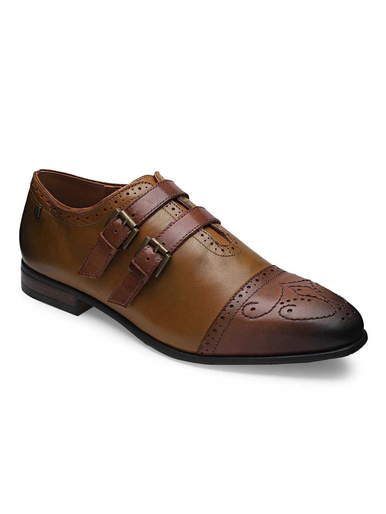 Ezok Men Tan Leather Monk Straps Shoes 2042