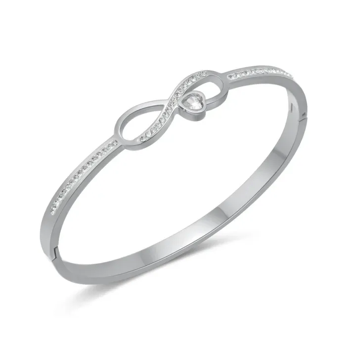 Isadora Infinity CZ Bangle, Stainless Steel Clip Open Bangle, Size: 58mm Diameter