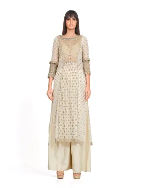 Ivory Tunic Set with Flared Raw Silk Pants