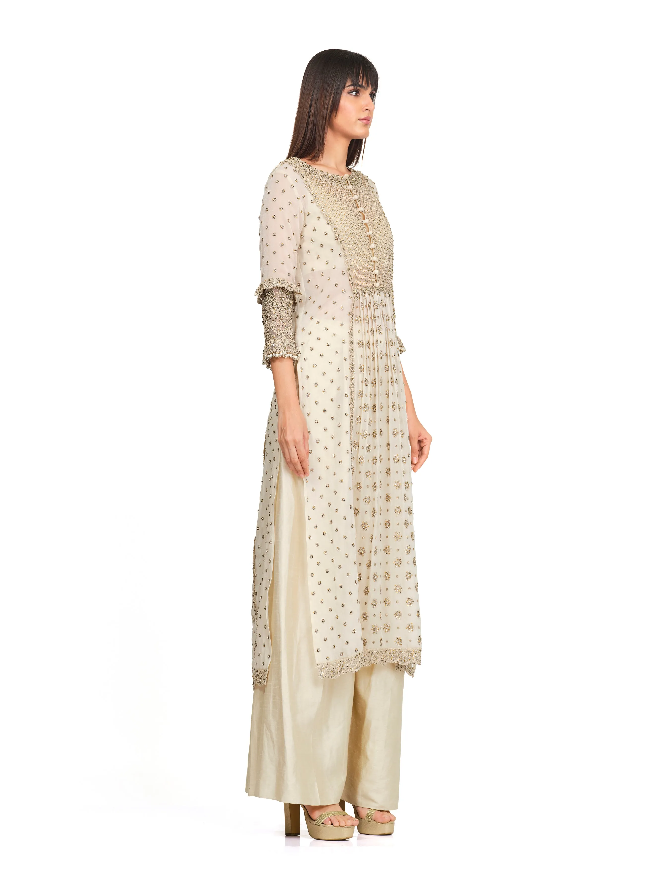 Ivory Tunic Set with Flared Raw Silk Pants