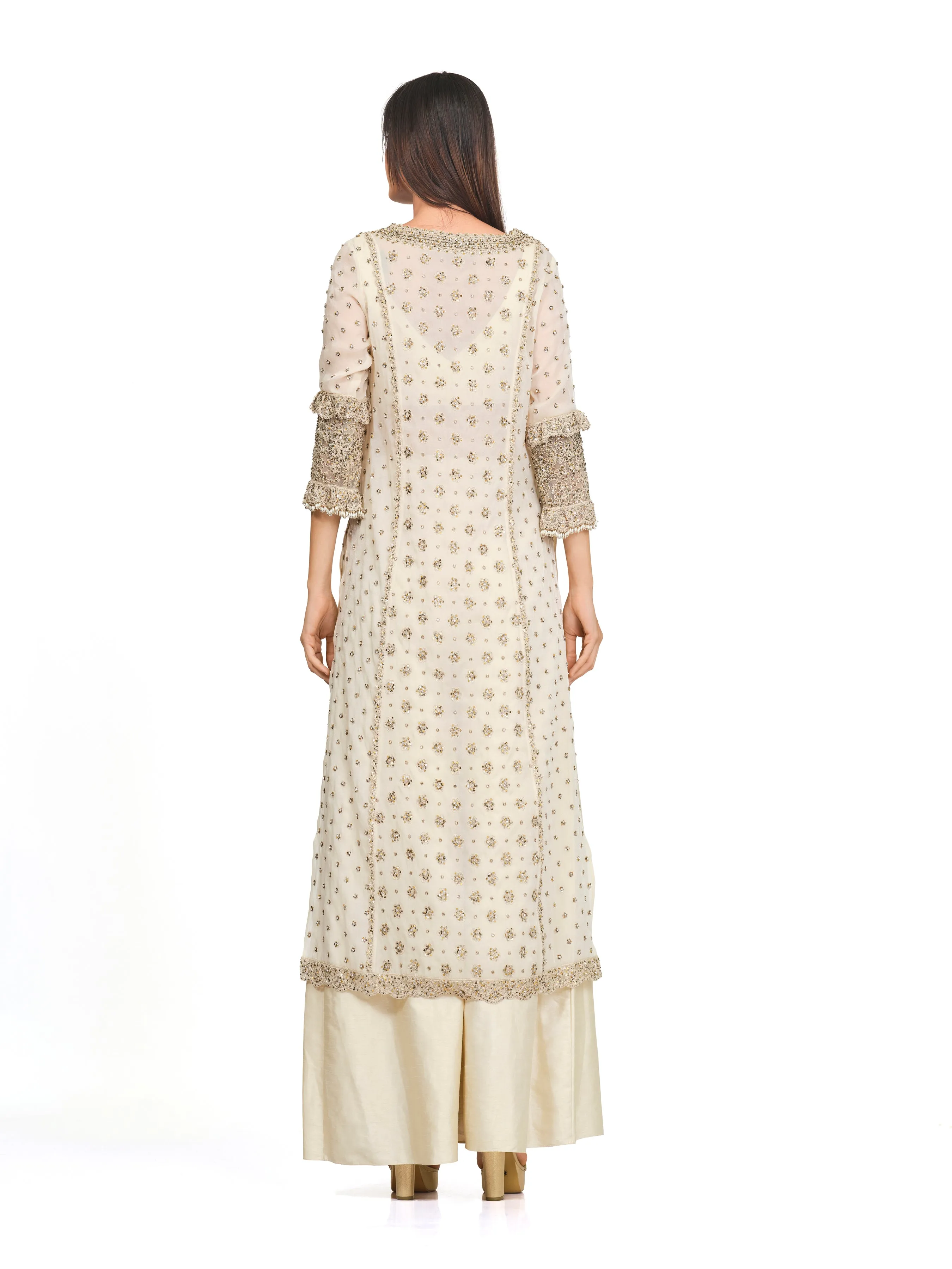 Ivory Tunic Set with Flared Raw Silk Pants