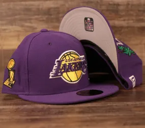 Larry O'Brien Trophy All Over Patch LA Lakers Purple Fitted | Lakers 59fifty Grey Brim Multi Patch Championship Hat