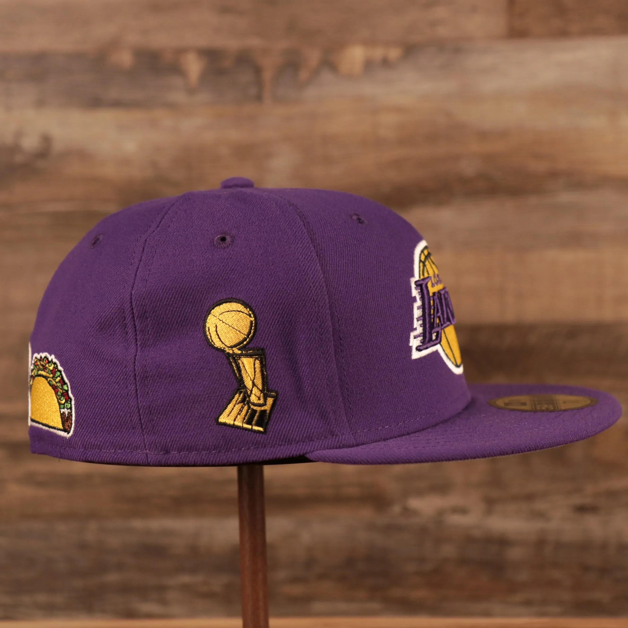 Larry O'Brien Trophy All Over Patch LA Lakers Purple Fitted | Lakers 59fifty Grey Brim Multi Patch Championship Hat