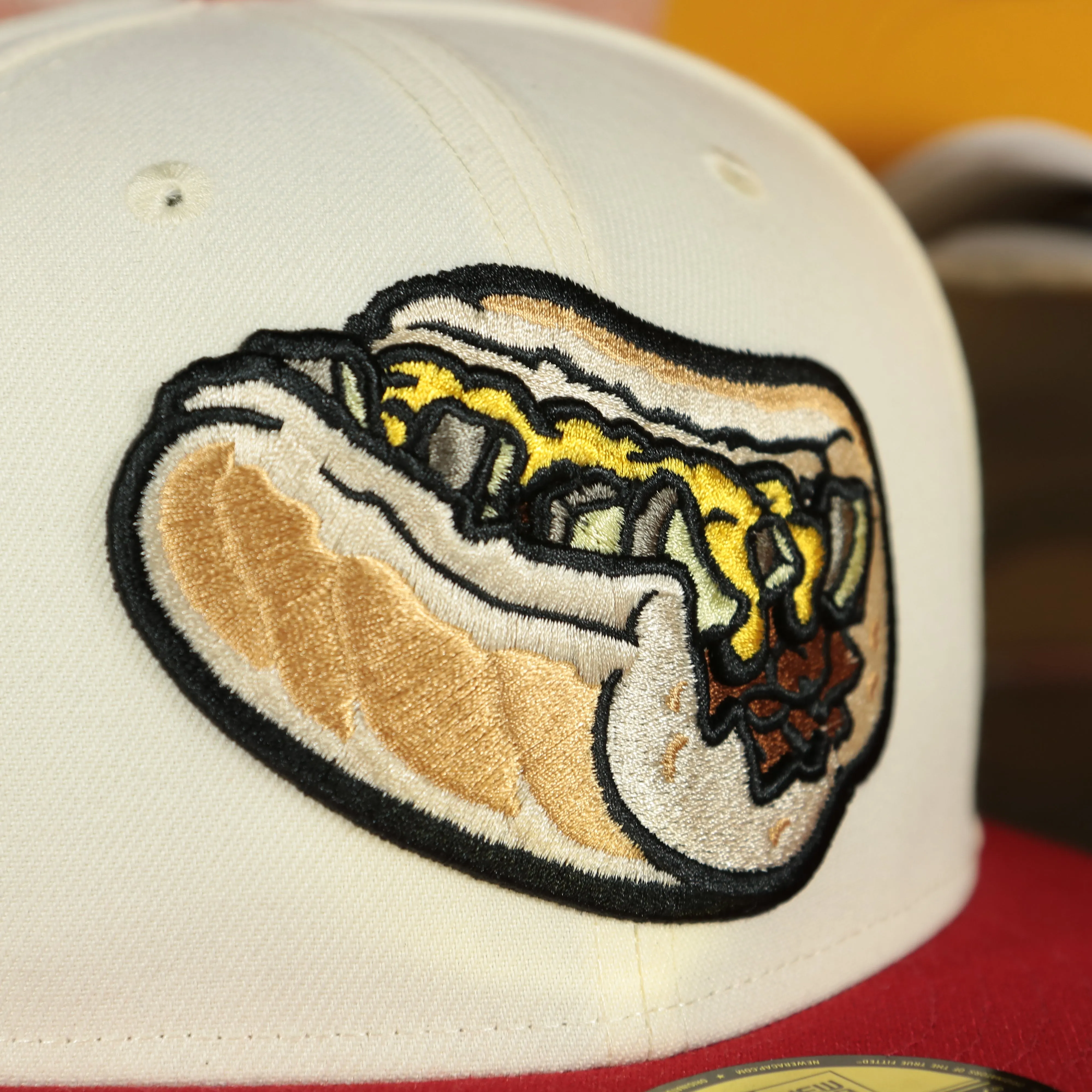 Lehigh Valley Iron Pigs Cheesesteak With Onions Yellow UV Plain Jane 59Fifty Fitted Cap | Cap Swag Exclusive