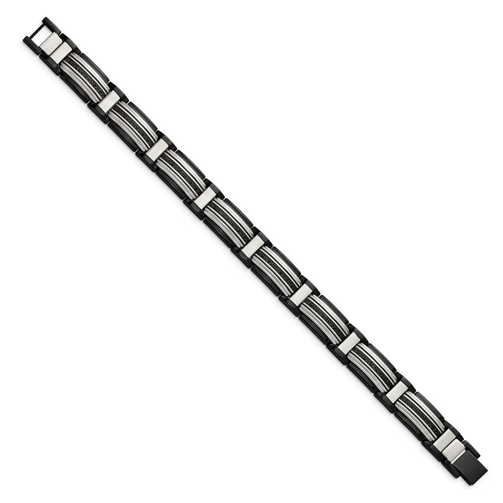 Mens 12mm Two-Tone Stainless Steel & Black CZ Link Bracelet, 8.75 Inch