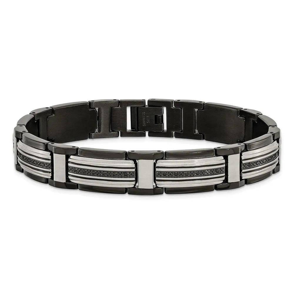 Mens 12mm Two-Tone Stainless Steel & Black CZ Link Bracelet, 8.75 Inch