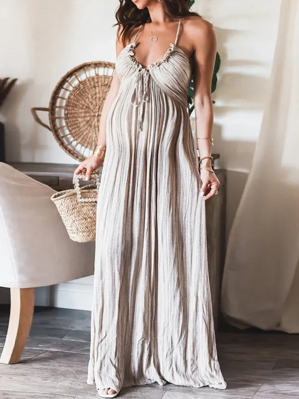 Momnfancy Elegant Light Grey Drawstring Halter Neck Falbala Striped Flowy Cutout Backless Daily Vacation Maternity Maxi Dress