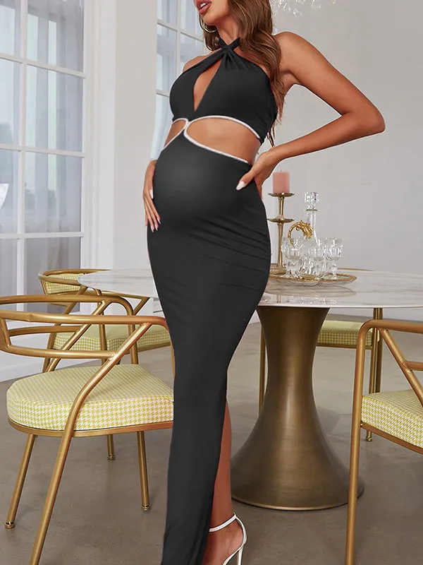 Momnfancy Irregular Cut Out Crop Slit Halter Neck Backless Mermaid Elegant Evening Gown Maternity Photoshoot Baby Shower Party M