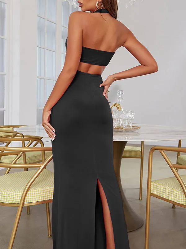 Momnfancy Irregular Cut Out Crop Slit Halter Neck Backless Mermaid Elegant Evening Gown Maternity Photoshoot Baby Shower Party M