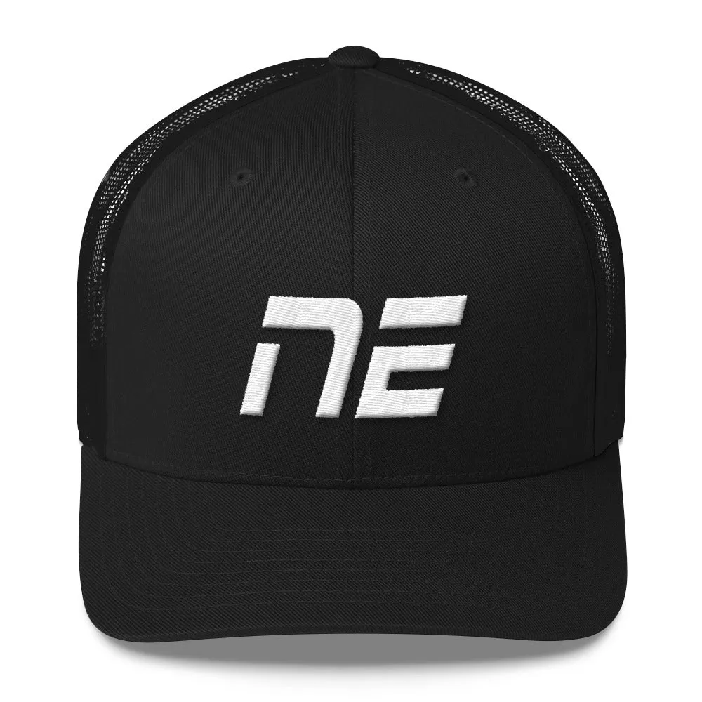 Nebraska - Mesh Back Trucker Cap - White Embroidery - NE - Many Hat Color Options Available