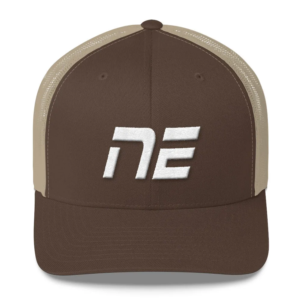 Nebraska - Mesh Back Trucker Cap - White Embroidery - NE - Many Hat Color Options Available