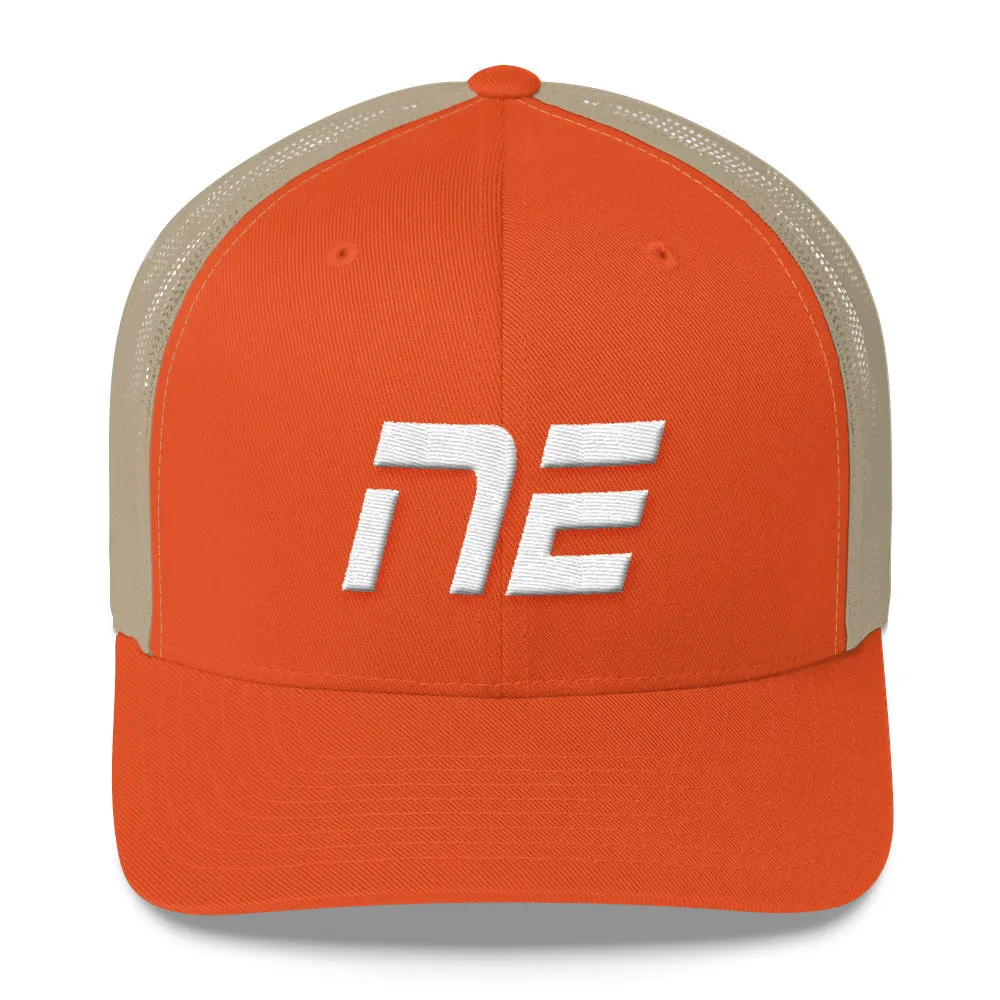 Nebraska - Mesh Back Trucker Cap - White Embroidery - NE - Many Hat Color Options Available