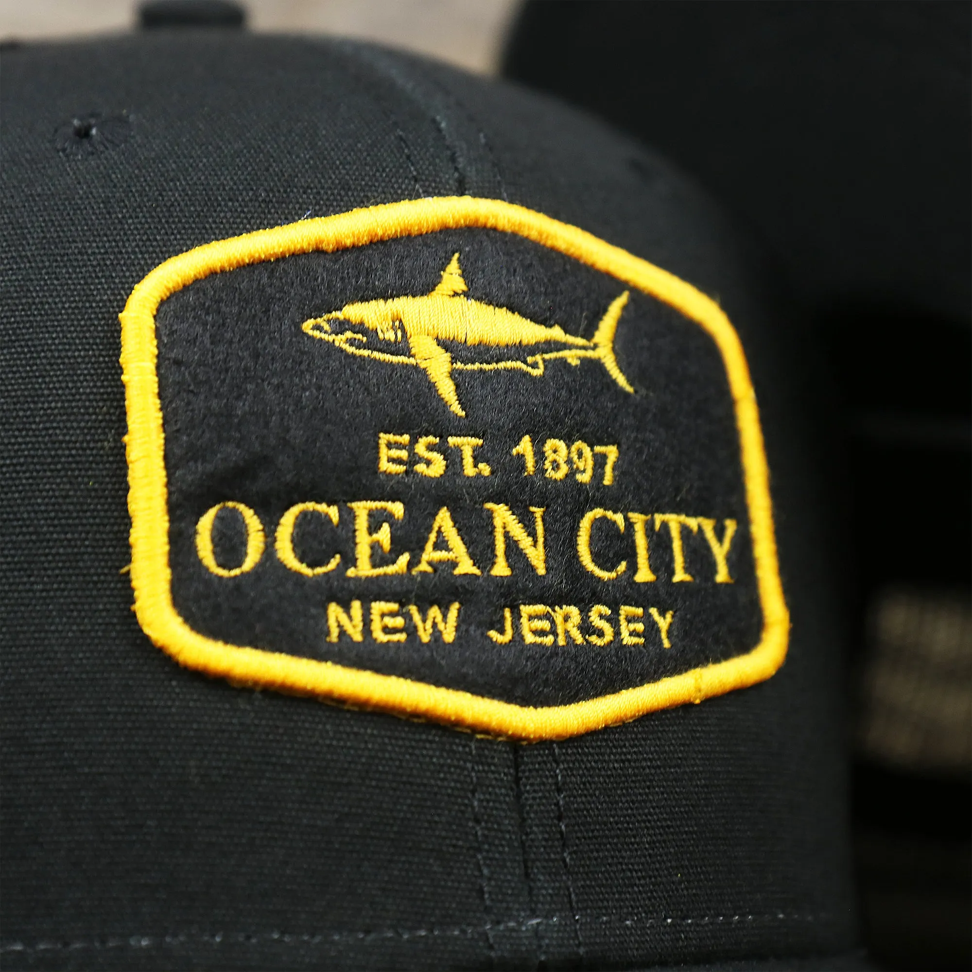 Ocean City New Jersey Shark Patch Mesh Back Trucker Hat | Black Mesh Snapback