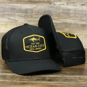 Ocean City New Jersey Shark Patch Mesh Back Trucker Hat | Black Mesh Snapback