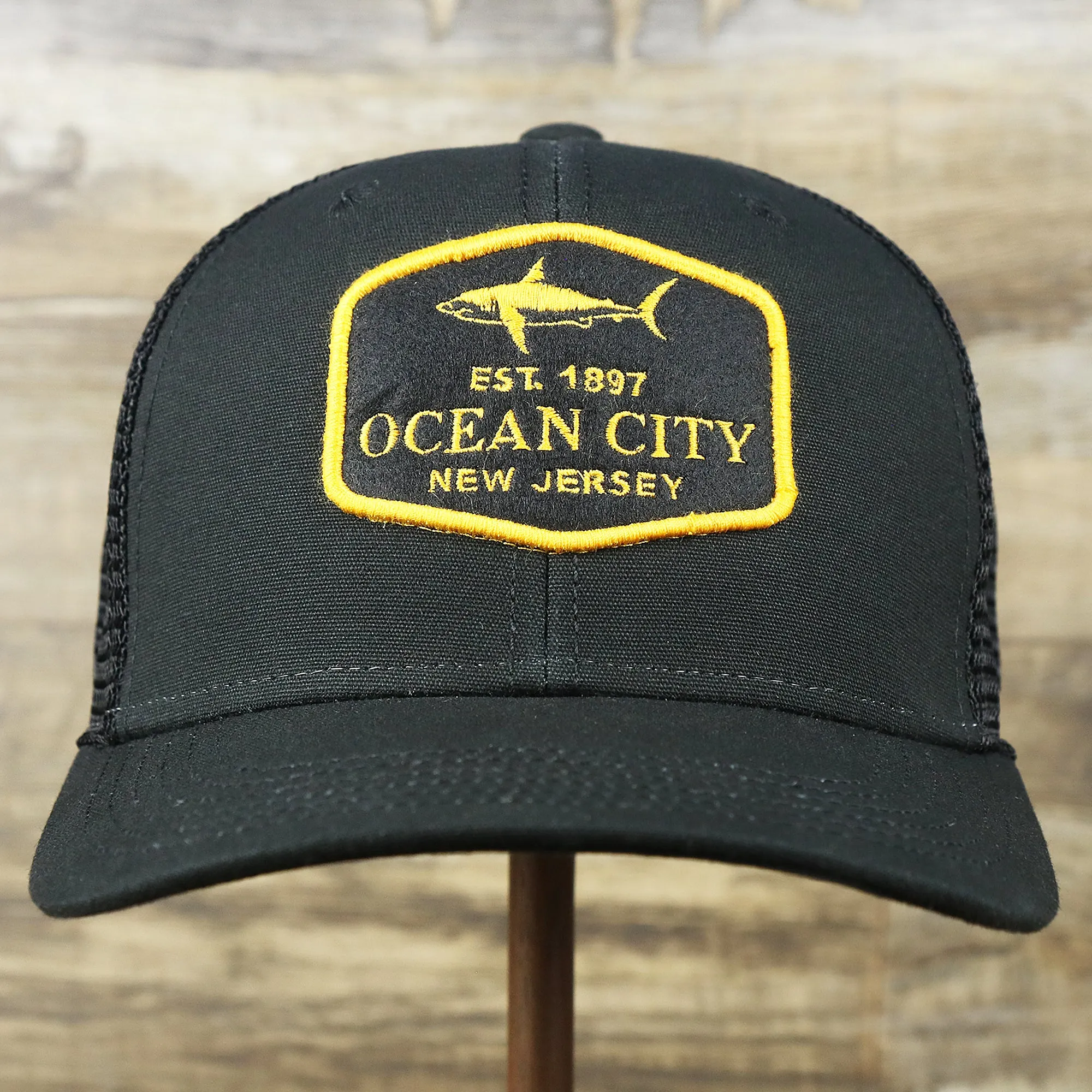 Ocean City New Jersey Shark Patch Mesh Back Trucker Hat | Black Mesh Snapback