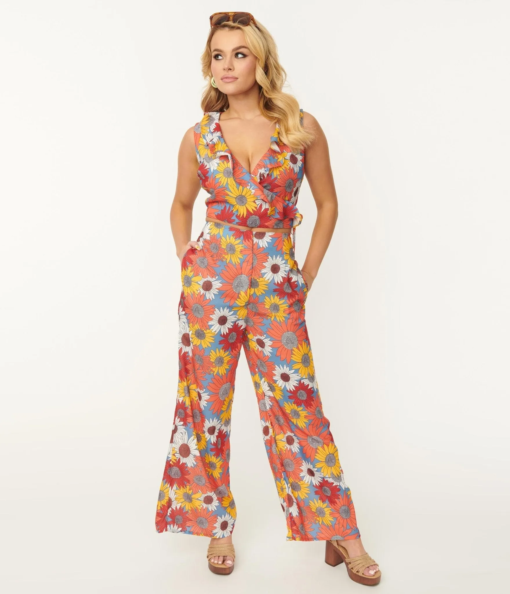 Orange & Yellow Sunflower Bianza Print Pants & Top Set