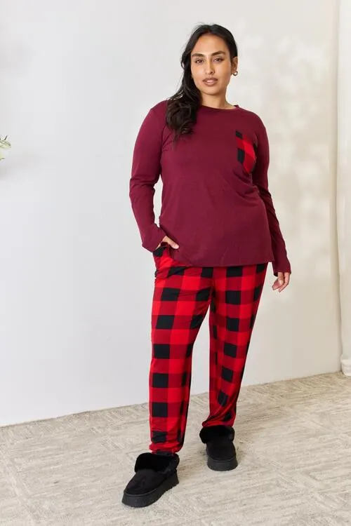 Plaid Round Neck Top and Pants Pajama Set**