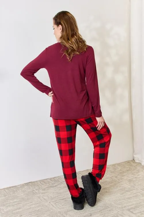 Plaid Round Neck Top and Pants Pajama Set**