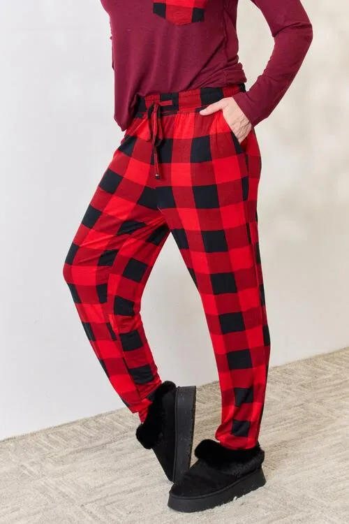 Plaid Round Neck Top and Pants Pajama Set**