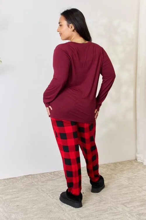 Plaid Round Neck Top and Pants Pajama Set**