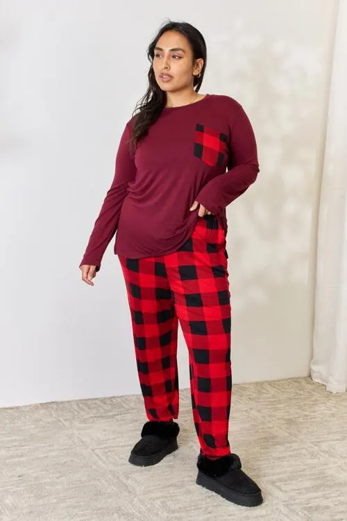 Plaid Round Neck Top and Pants Pajama Set**