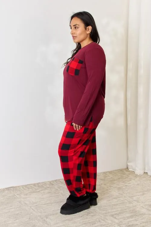 Plaid Round Neck Top and Pants Pajama Set**