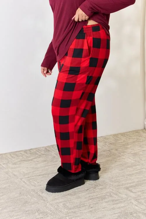 Plaid Round Neck Top and Pants Pajama Set**