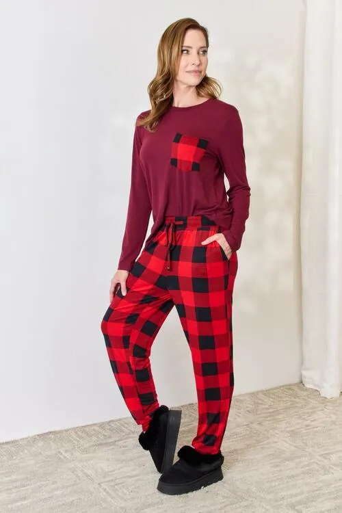 Plaid Round Neck Top and Pants Pajama Set**