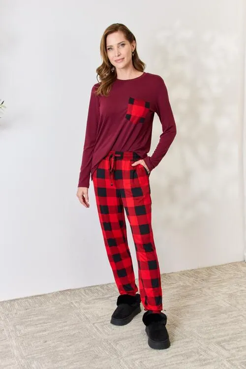 Plaid Round Neck Top and Pants Pajama Set**