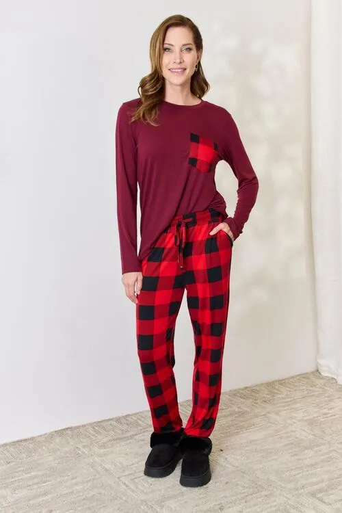 Plaid Round Neck Top and Pants Pajama Set**