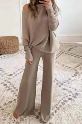 Round Neck Long Sleeve Top Bootcut Pants Set