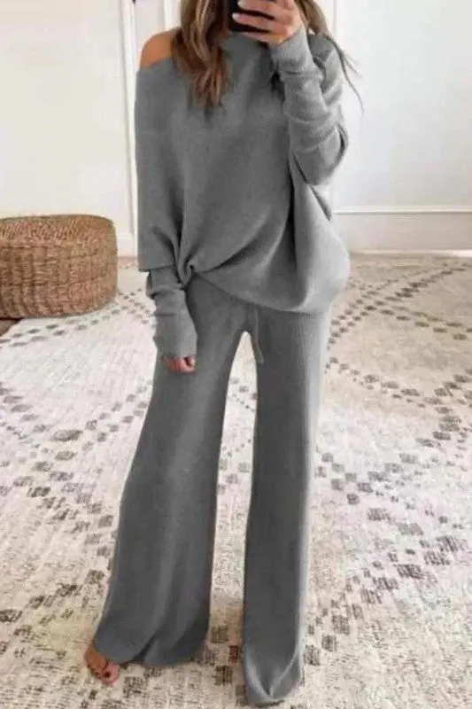 Round Neck Long Sleeve Top Bootcut Pants Set