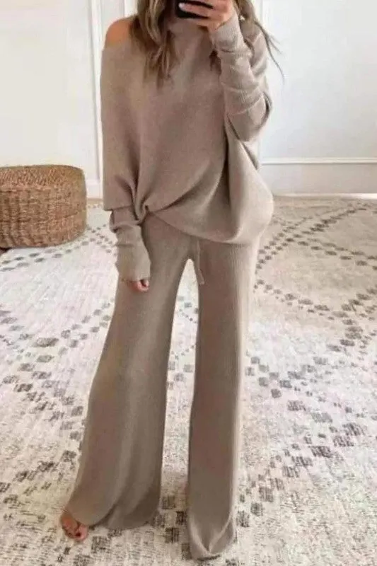 Round Neck Long Sleeve Top Bootcut Pants Set